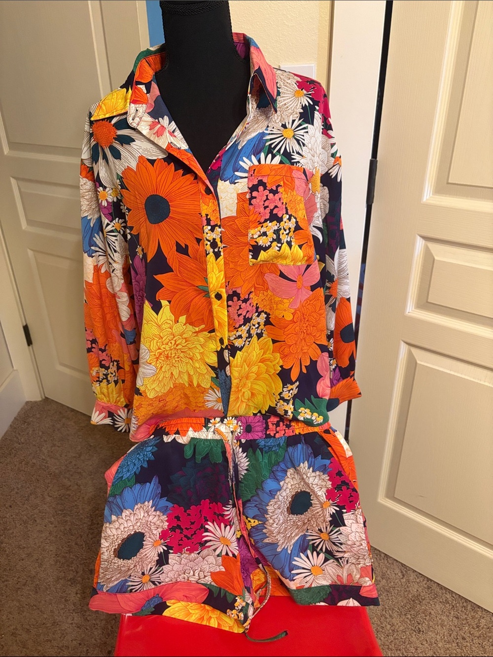 Floral Button-Up Set in Orange & Multicolor.  Fun and comfy!